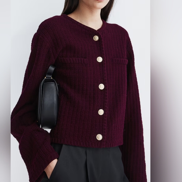 NWT H&M Cotton Blend Short Slim-fit Textured-knit Cardigan Burgundy Red XS M XL - Picture 1 of 6